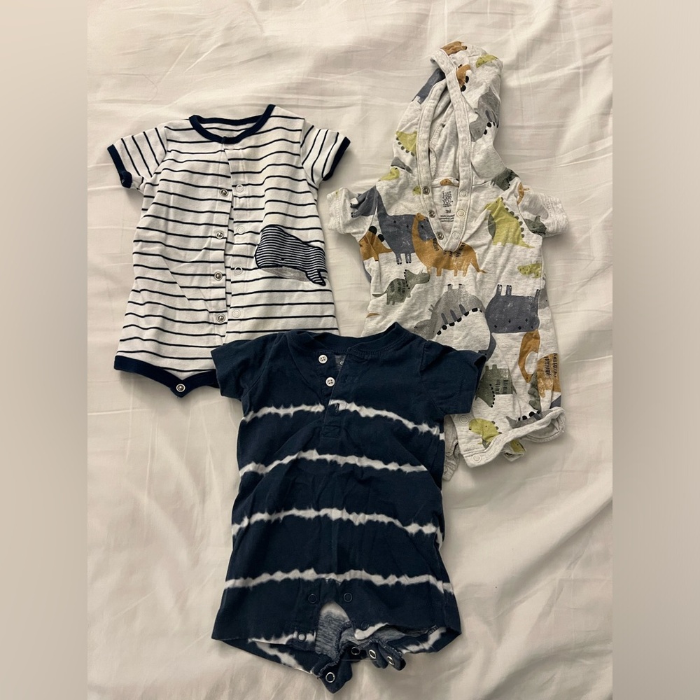 Set of Three Baby Rompers - Striped, Dinosaur, Tie-Dye